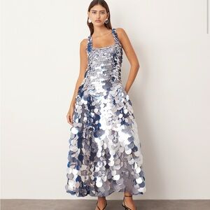 ARRANGE embellished paillette sequin square neck, full skirt, midi dress in blue